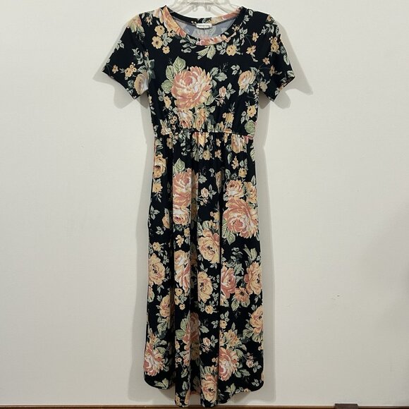 Flamingo Urban Women Black Floral Knit Round Neck Short Sleeve Maxi Dress SMALL - Picture 1 of 8